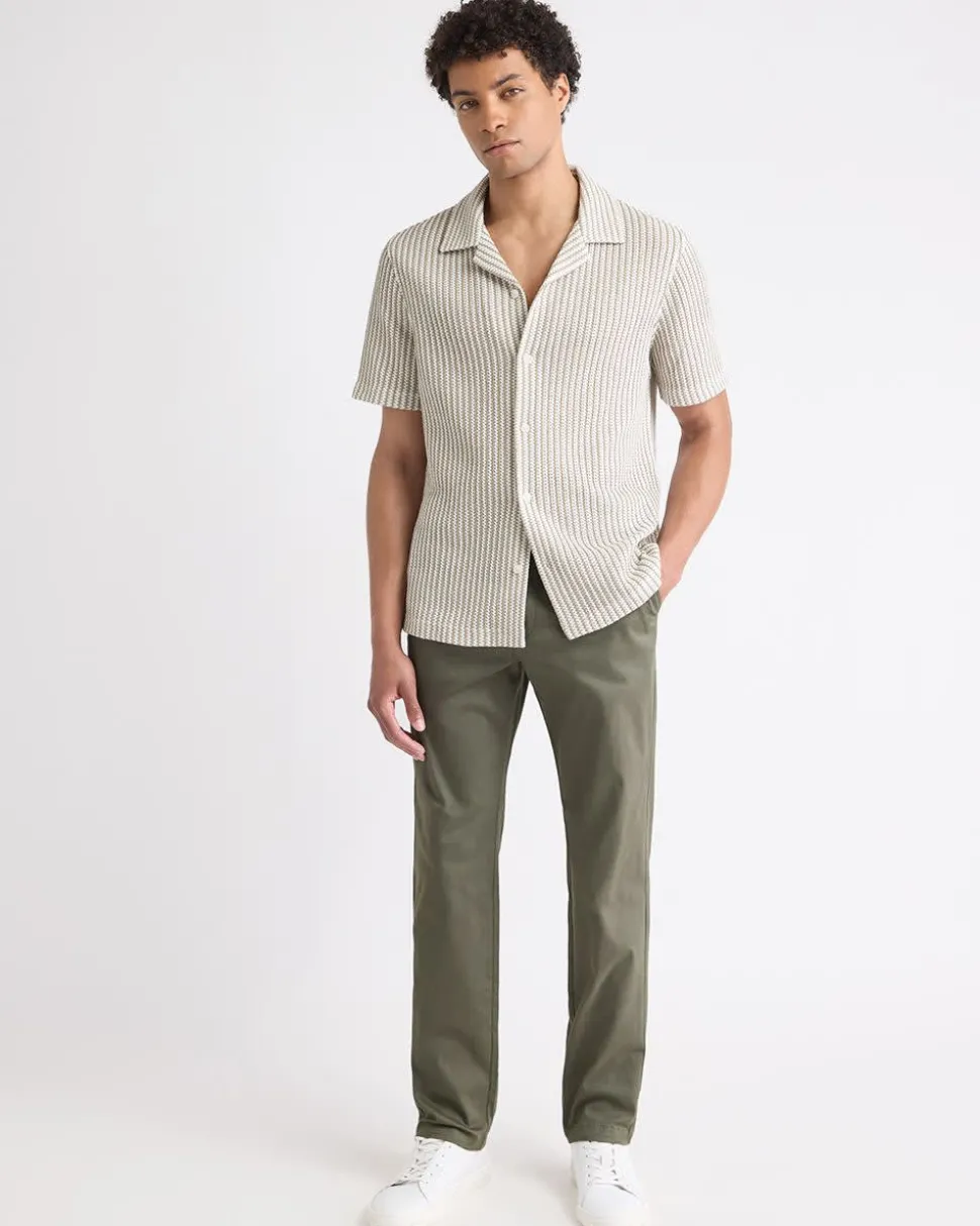 Striped Short-Sleeve Crochet Shirt with Camp Collar