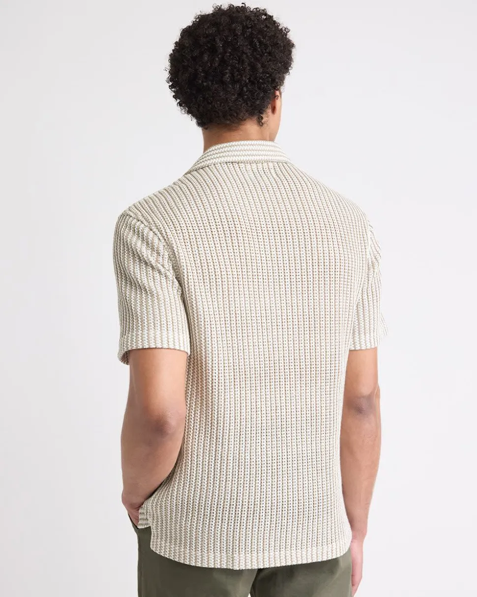 Striped Short-Sleeve Crochet Shirt with Camp Collar