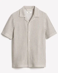 Striped Short-Sleeve Crochet Shirt with Camp Collar