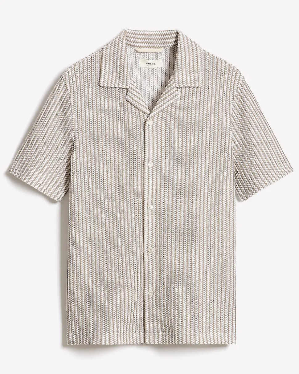 Striped Short-Sleeve Crochet Shirt with Camp Collar