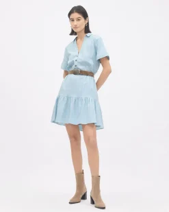 Striped Short-Sleeve Linen Dress with Shirt Collar