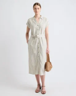 Striped Short-Sleeve Linen-Blend Midi Dress with Shirt Collar