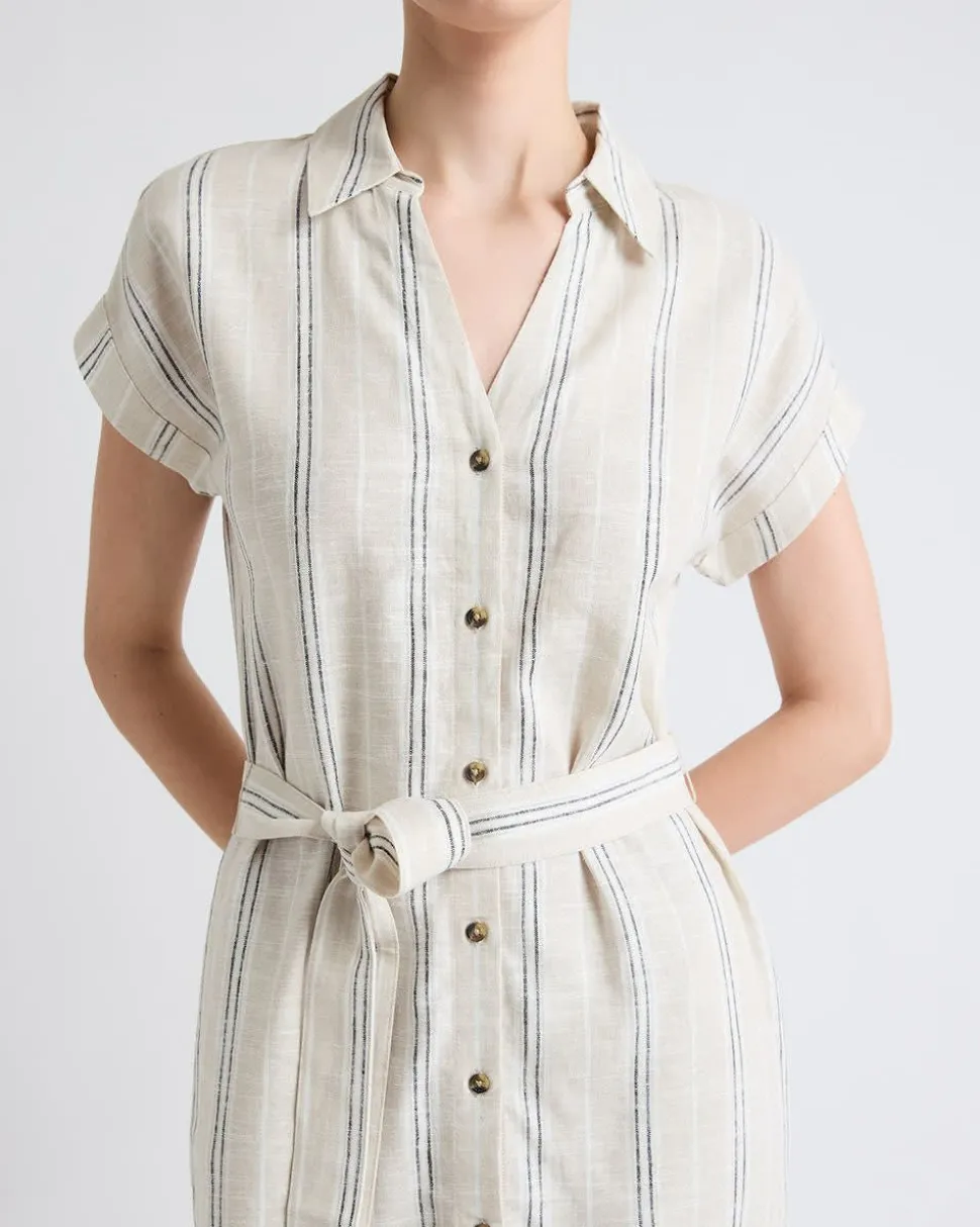 Striped Short-Sleeve Linen-Blend Midi Dress with Shirt Collar