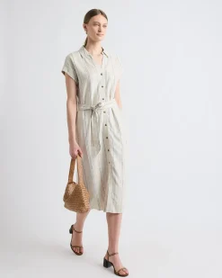 Striped Short-Sleeve Linen-Blend Midi Dress with Shirt Collar