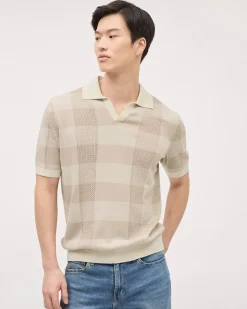 Striped Short-Sleeve Textured Polo with Johnny Collar