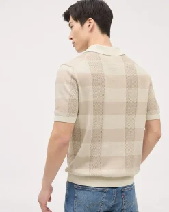 Striped Short-Sleeve Textured Polo with Johnny Collar