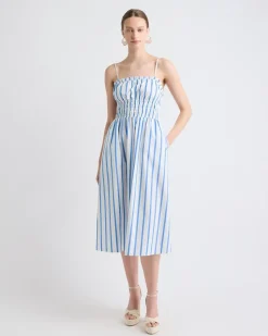 Striped Sleeveless Fit-and-Flare Poplin Midi Dress with Smocked Top