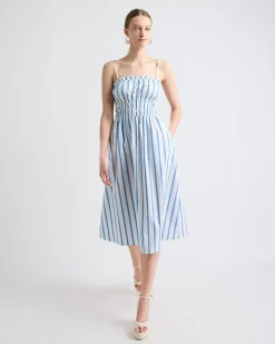Striped Sleeveless Fit-and-Flare Poplin Midi Dress with Smocked Top