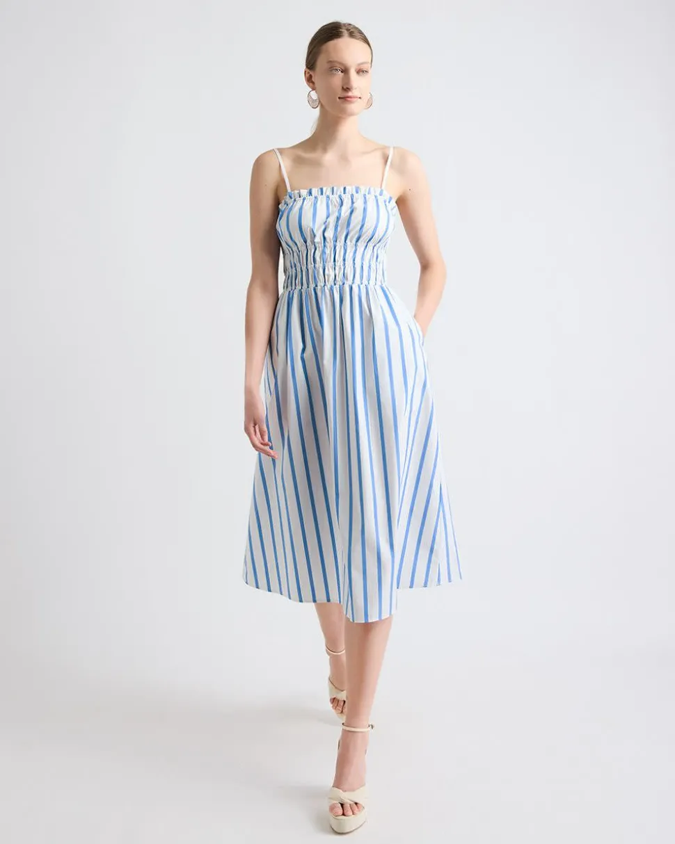 Striped Sleeveless Fit-and-Flare Poplin Midi Dress with Smocked Top