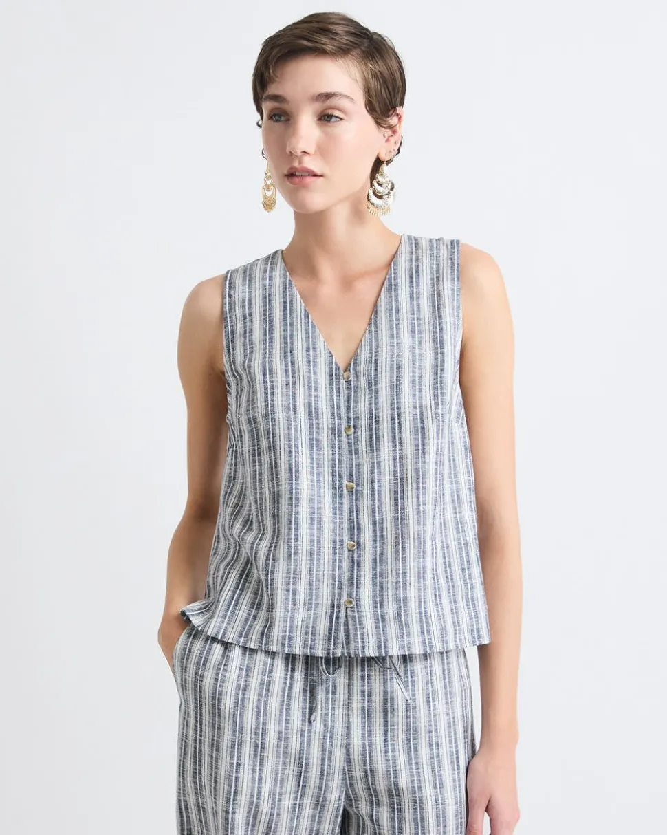 Striped Sleeveless Linen-Blend Blouse