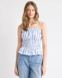 Striped Sleeveless Square-Neck Smocked Poplin Blouse