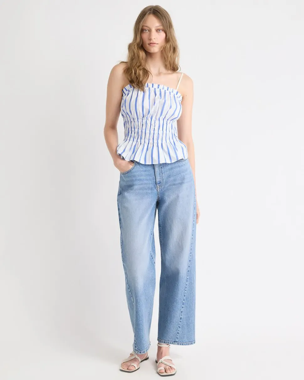 Striped Sleeveless Square-Neck Smocked Poplin Blouse