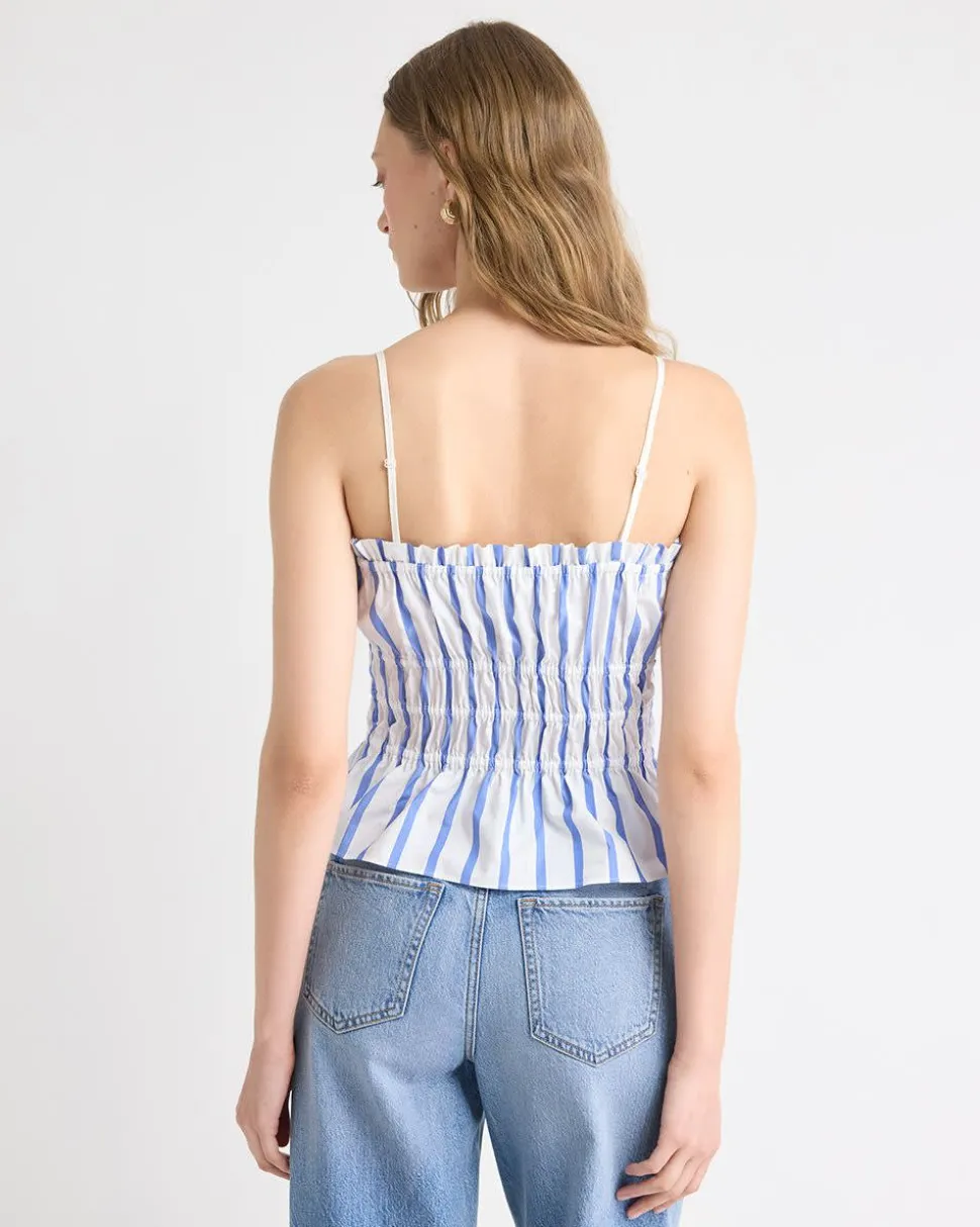Striped Sleeveless Square-Neck Smocked Poplin Blouse
