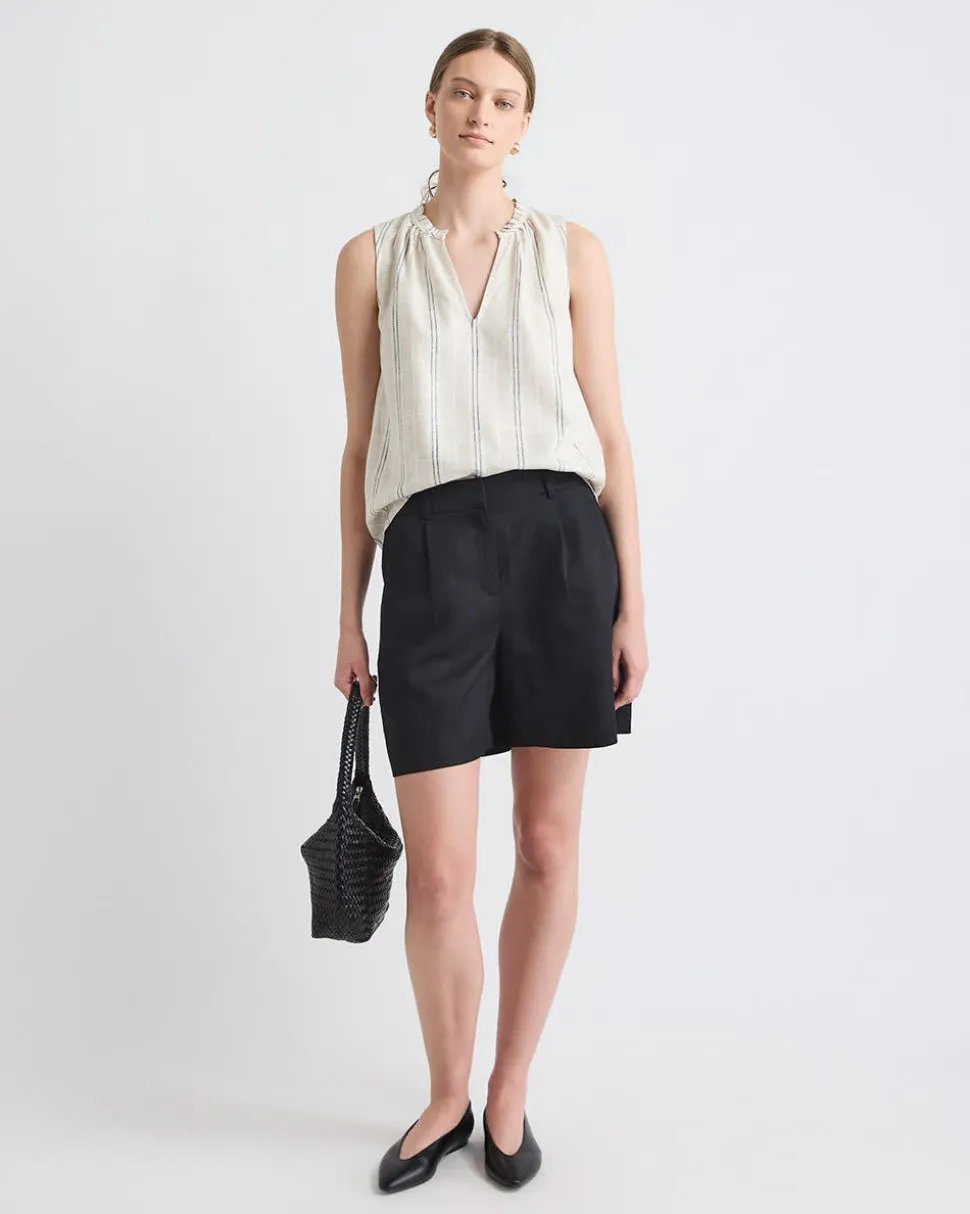 Striped Sleeveless V-Neck Linen-Blend Blouse