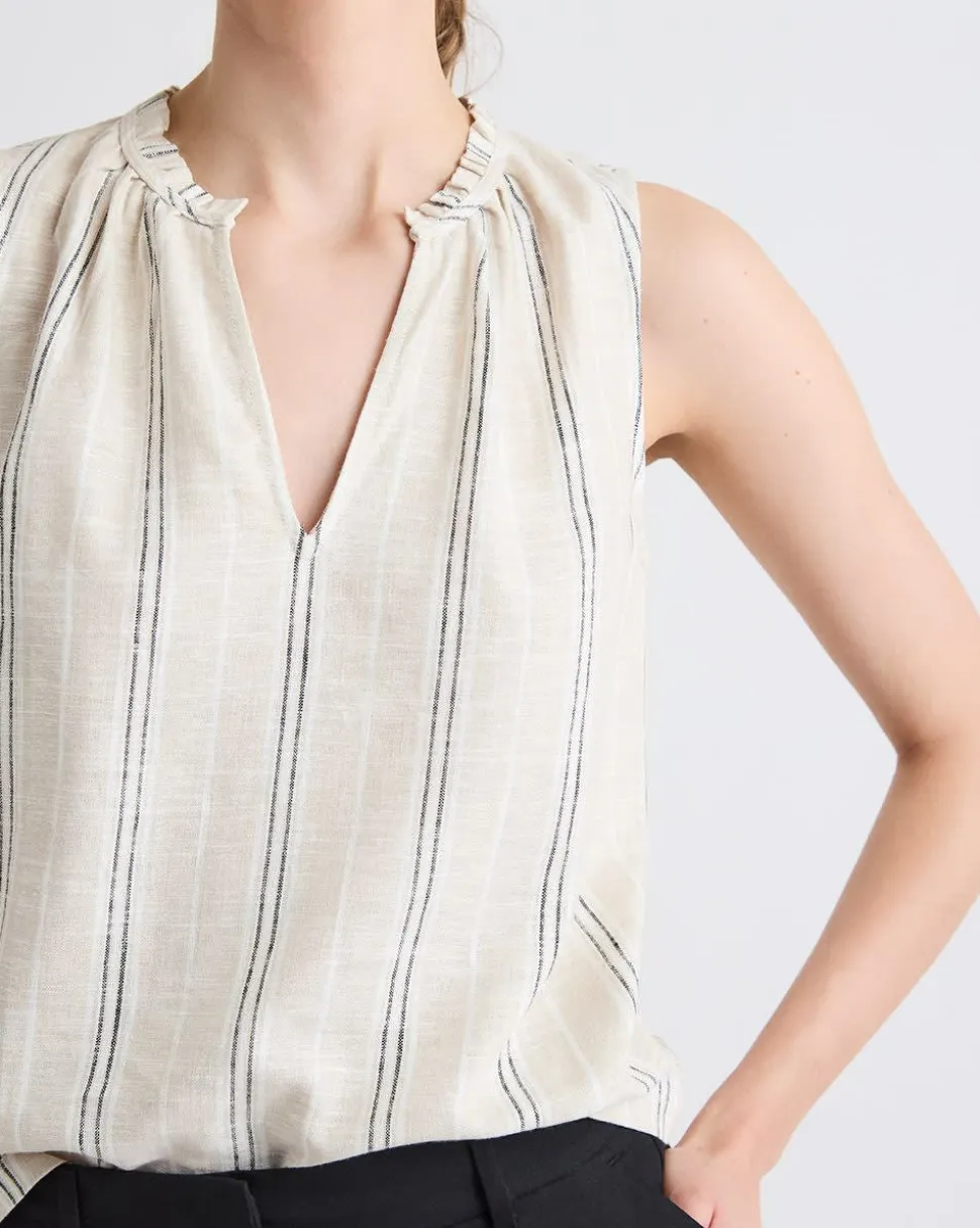 Striped Sleeveless V-Neck Linen-Blend Blouse