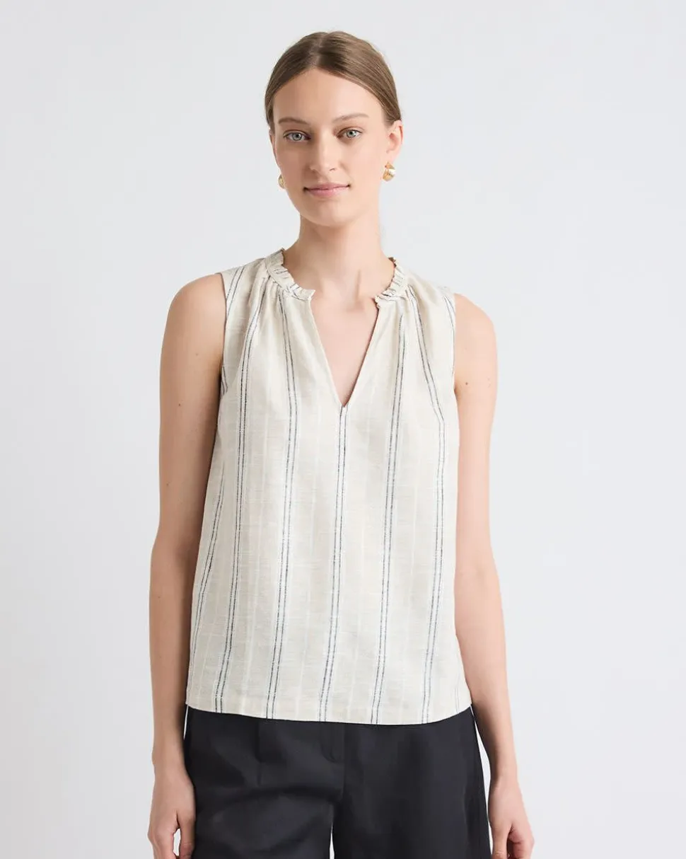 Striped Sleeveless V-Neck Linen-Blend Blouse