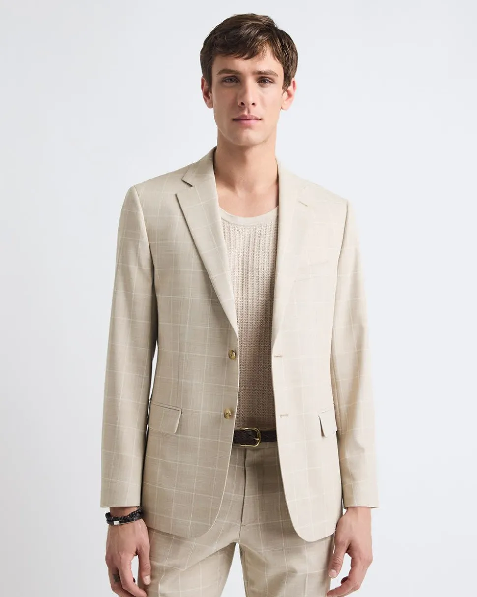Tailored-Fit Checkered Taupe Suit Blazer