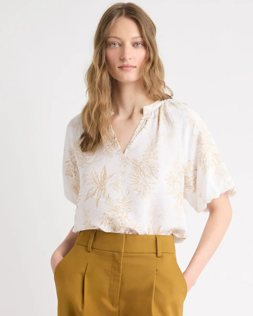 V-Neck Blouse with Short Puffy Sleeves