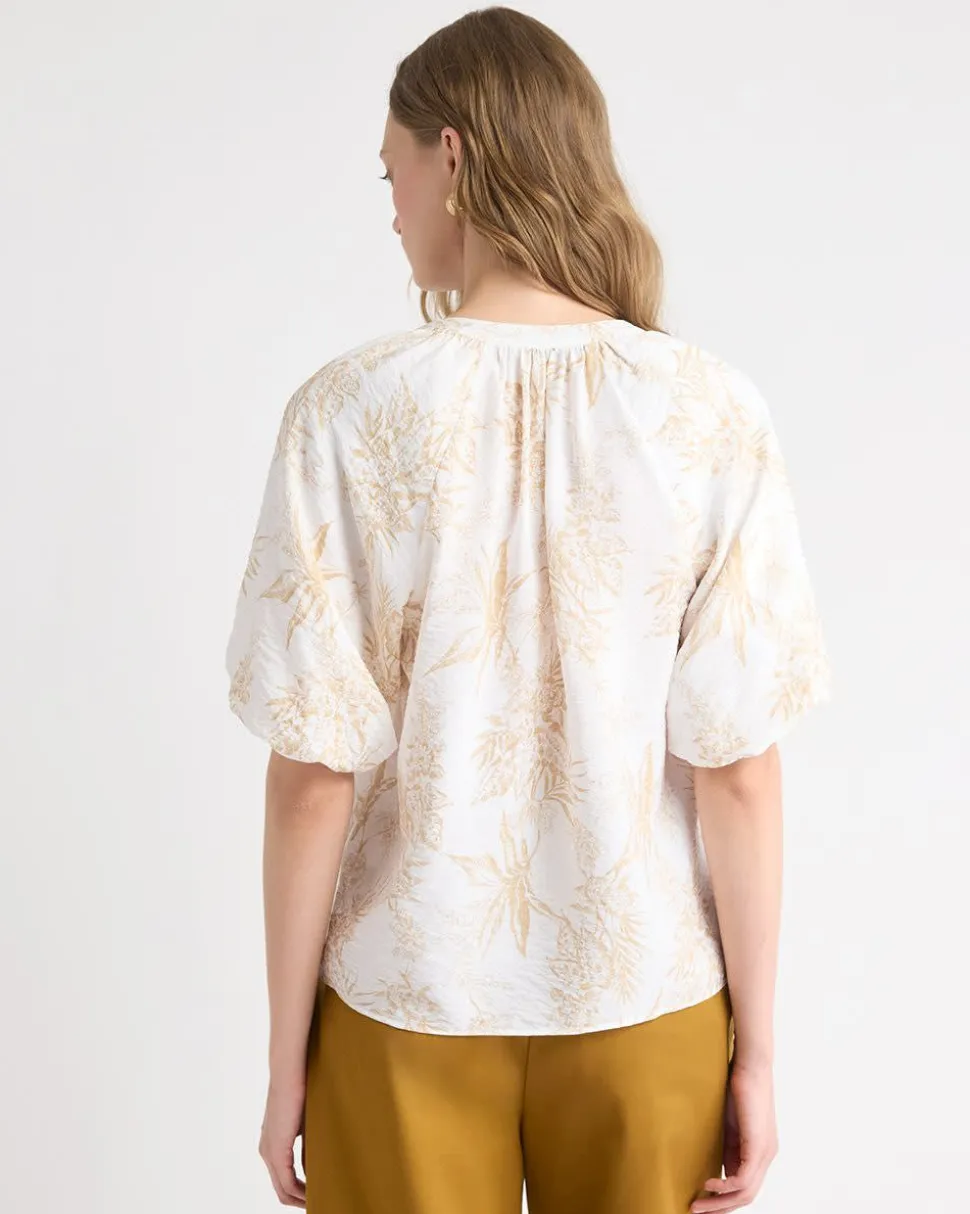 V-Neck Blouse with Short Puffy Sleeves