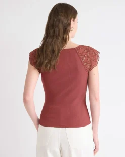 V-Neck Ribbed Top with Short Flutter Sleeves