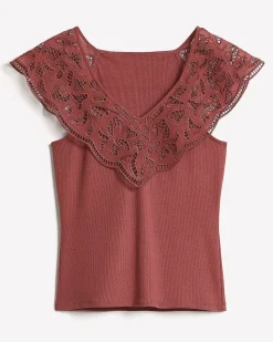 V-Neck Ribbed Top with Short Flutter Sleeves