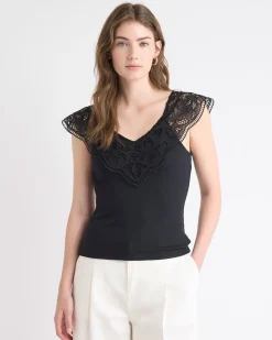 V-Neck Ribbed Top with Short Flutter Sleeves
