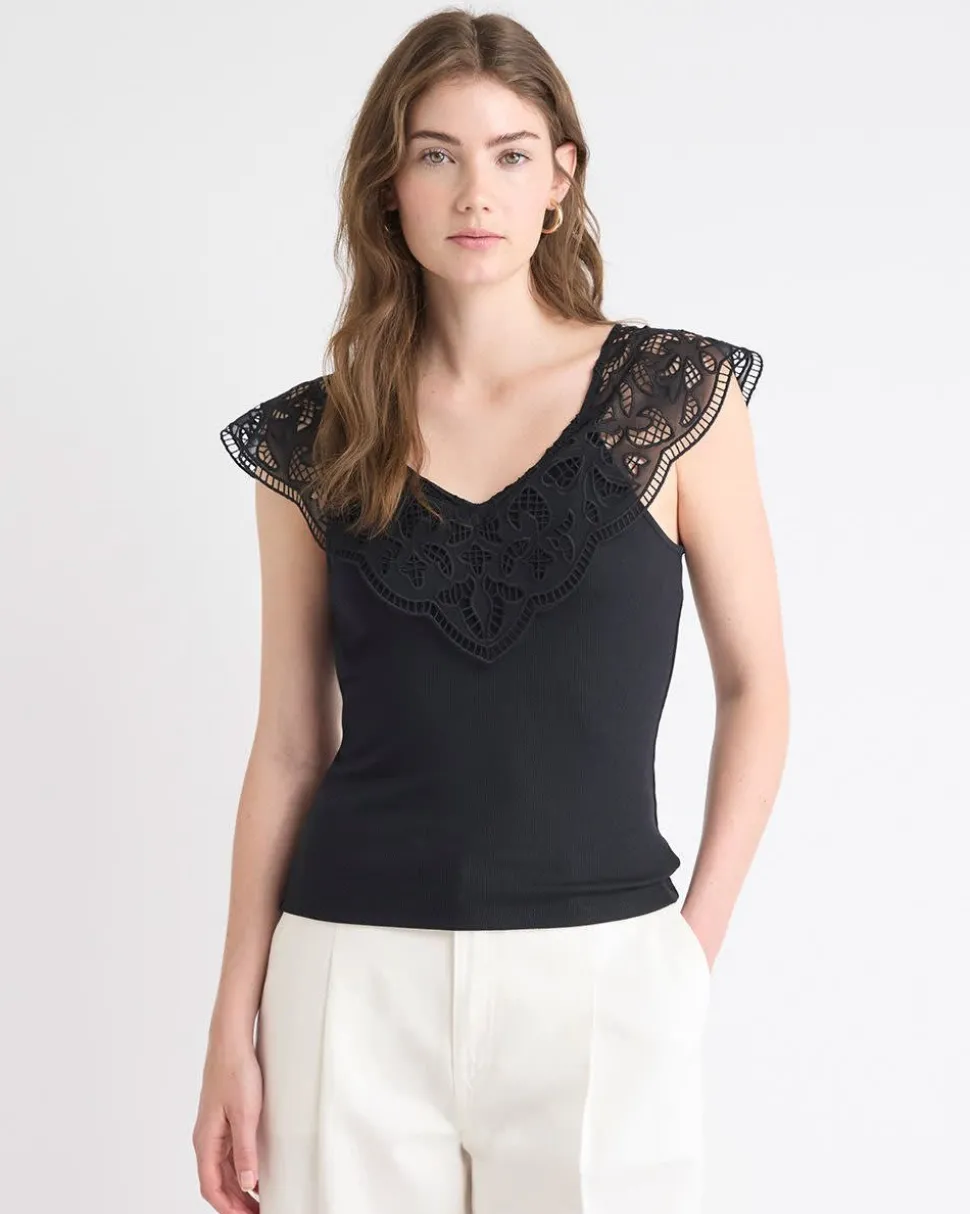 V-Neck Ribbed Top with Short Flutter Sleeves