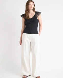 V-Neck Ribbed Top with Short Flutter Sleeves