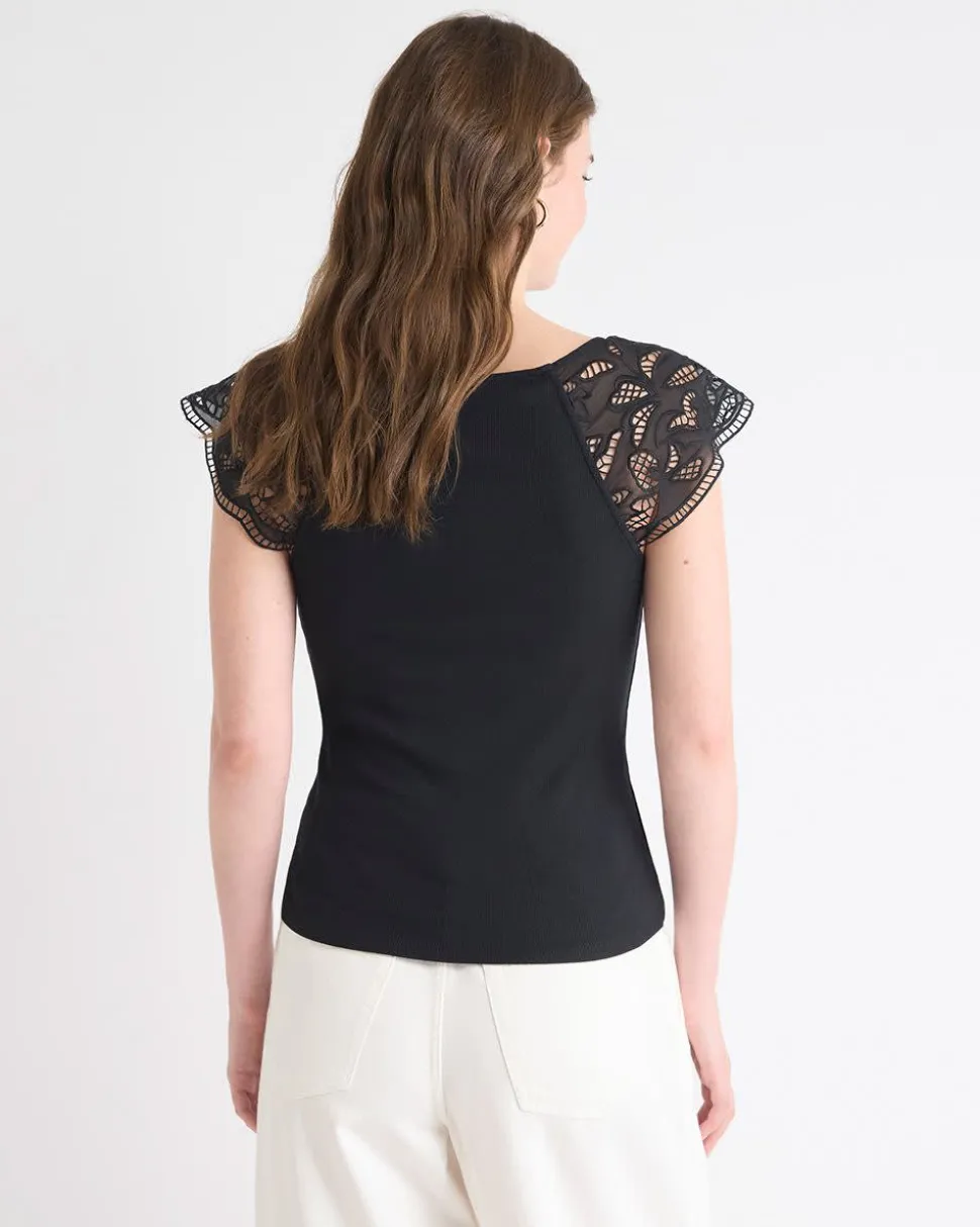 V-Neck Ribbed Top with Short Flutter Sleeves