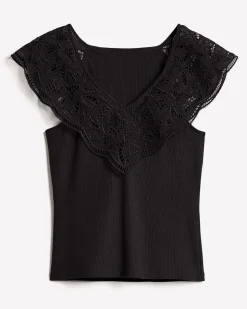 V-Neck Ribbed Top with Short Flutter Sleeves