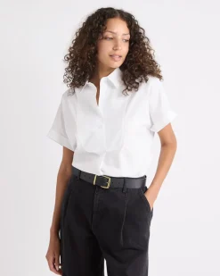 White Extended-Sleeve Poplin Bib Blouse with Shirt Collar