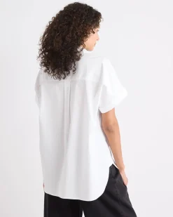 White Extended-Sleeve Poplin Bib Blouse with Shirt Collar