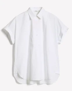 White Extended-Sleeve Poplin Bib Blouse with Shirt Collar