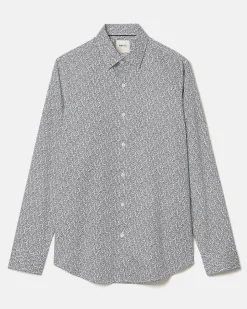 White Slim-Fit Dress Shirt with Navy Floral Pattern