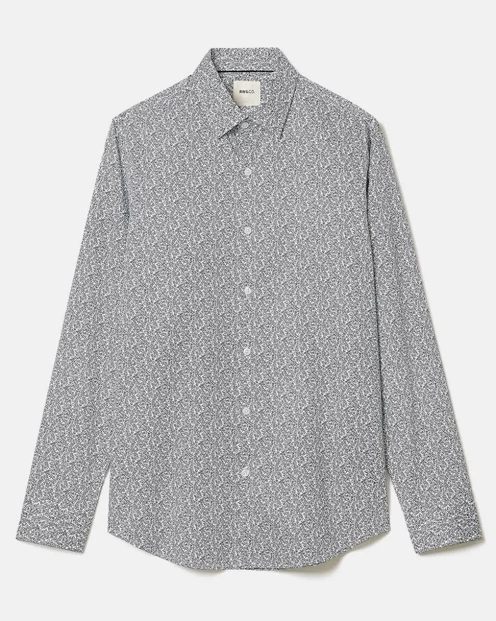 White Slim-Fit Dress Shirt with Navy Floral Pattern