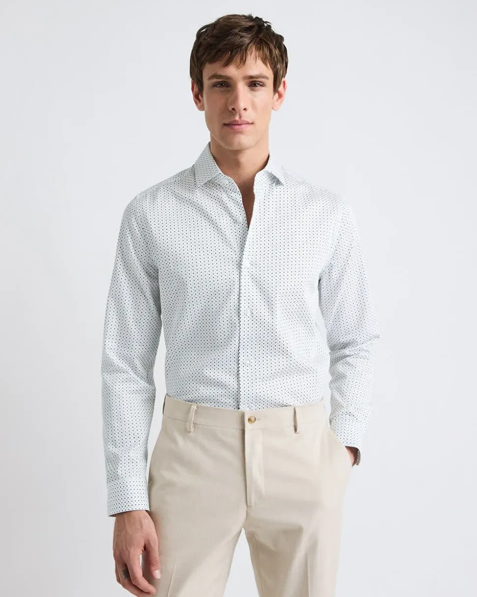 White Slim-Fit Dress Shirt With Micro Geometric Pattern