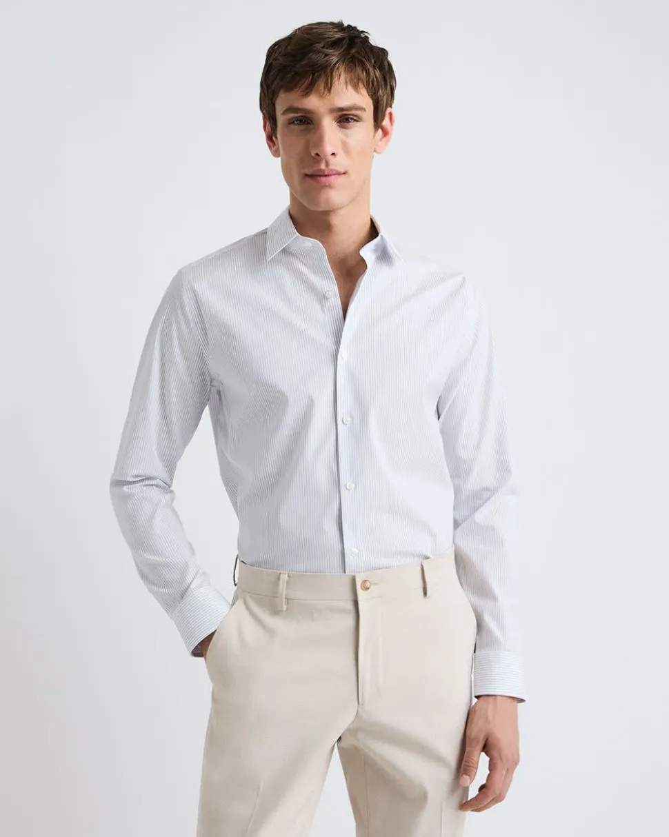 White Tailored-Fit Dress Shirt with Blue Stripes