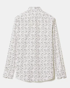 White Tailored-Fit Dress Shirt with Floral Pattern