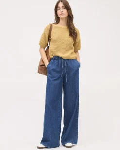 Wide-Leg Denim Pants with Elastic Waistband