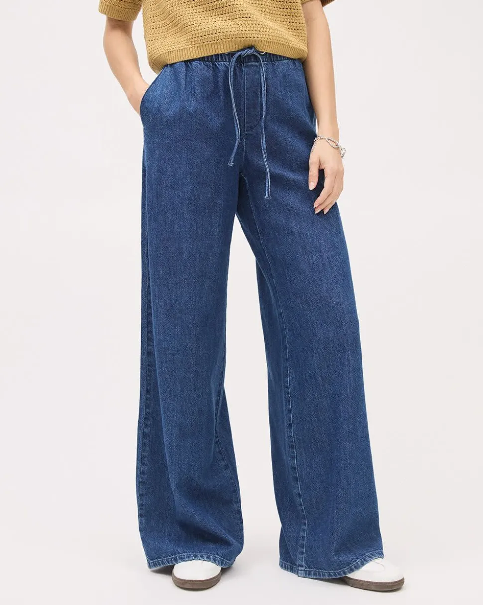 Wide-Leg Denim Pants with Elastic Waistband