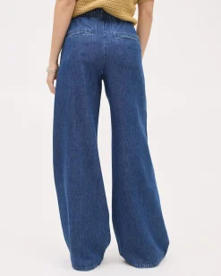 Wide-Leg Denim Pants with Elastic Waistband
